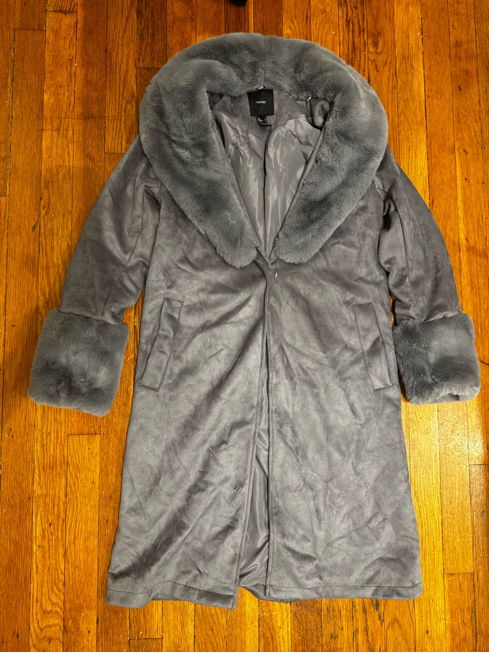Forever 21 Gray Faux-Fur Trim Long Trench Coat
